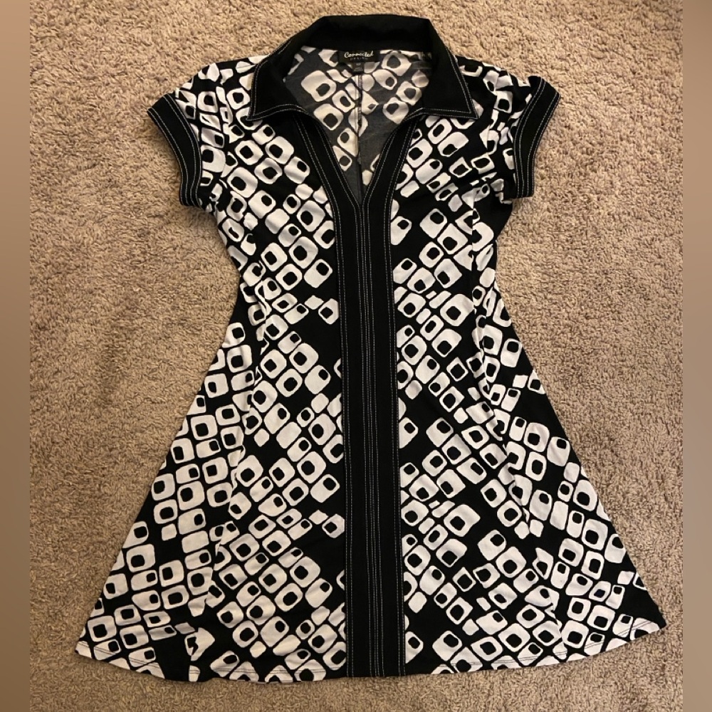 Vintage style Connected Black and White Geometric Mini Dress